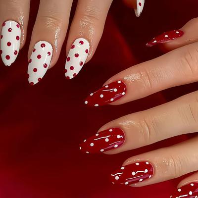 24 Pièces Amande Ongles Faux à Presser Simples Pois Rouges Ongles Faux Français pour Femmes Fille Couverture Complète Portables Manucure d'Ongles Doux