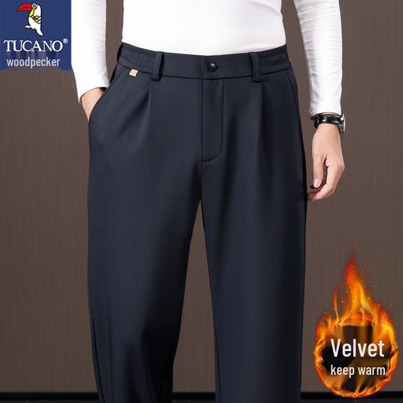 Woodpecker Men's Elastic Waist Wool Trousers - Loose Wide-Leg Casual Pants for Spring & Autumn