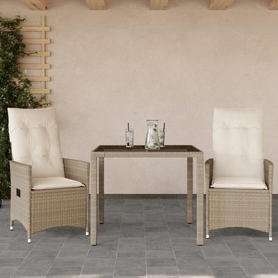 Vidaxl 3-Cz. Bistro Furniture Set with Cushions, Beige, Poly Rattan