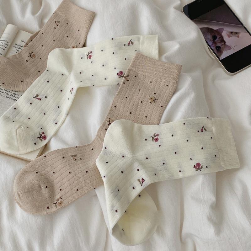 Gebrochene Blume Socken Neue Mittelhohe Socken Gekämmte Baumwolle Nahtlose Socken Retro Wellenpunkt Frottee Socken Neue Damen Socken Herbstmode