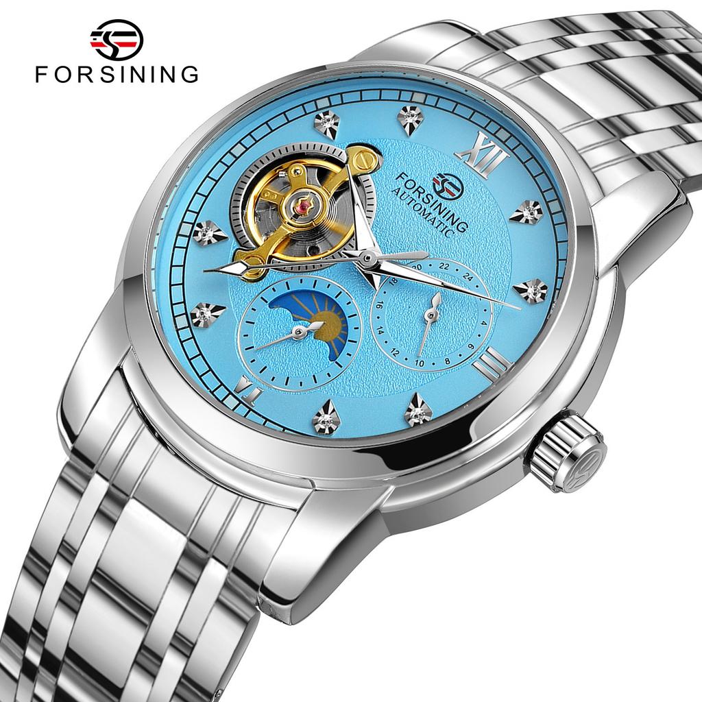 Forsining Men'S Tourbillon Automatic Mechanical Watch Hand Luminous Moon Phase Steel Belt Watch