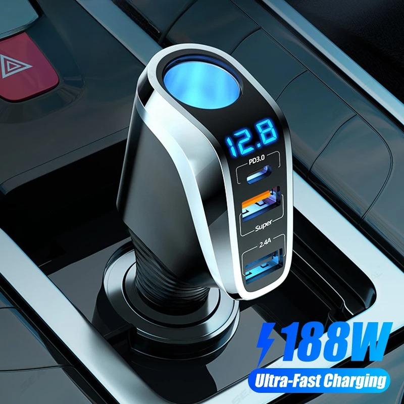 188W Car Charger QC3.0 PD20W Fast Charging 3-Port USB Adapter for iPhone/Samsung 12V/24V Cigarette Lighter Socket Quick Charge