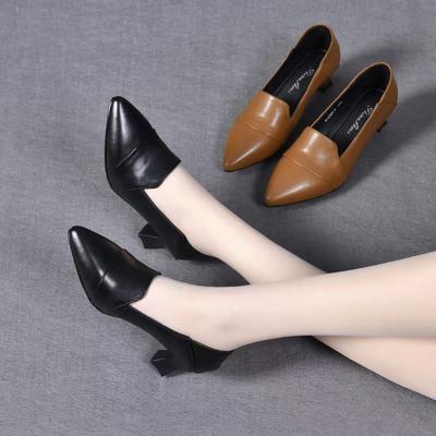 Chaussures simples à talons moyens en cuir souple confortable pour femmes, nouvelles chaussures pour femmes à talon épais et bout pointu, à enfiler, printemps et automne 2025, petit cuir pour femmes