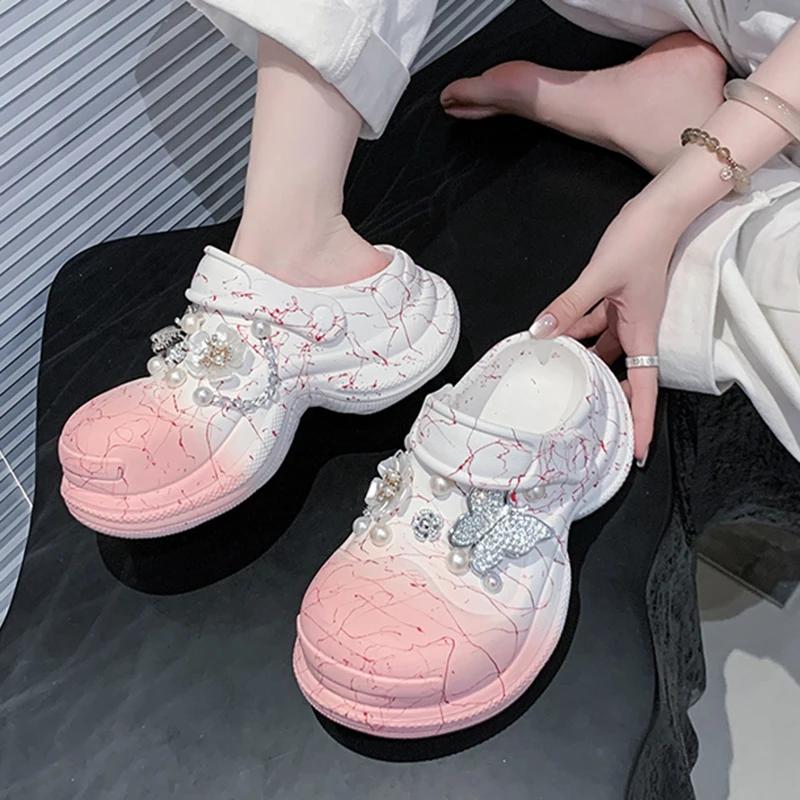 Fashion Fashion Mix Color Chunky Platform Clogs Sandals Women Crystal Butterfly Thick Bottom Garden Shoes Woman Non Slip Summer Slippers