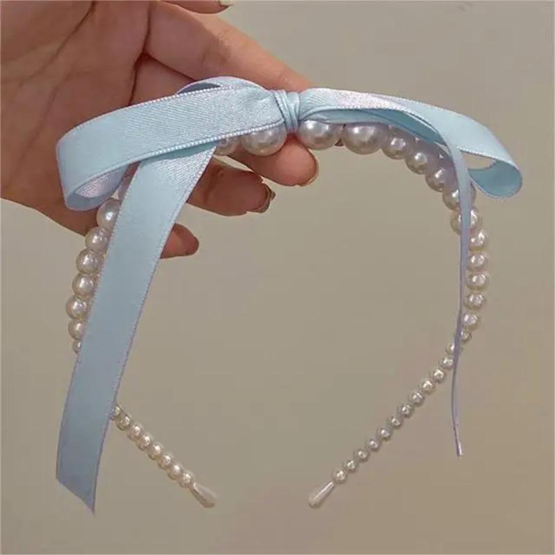 

Korean Pink Satin Pearl Hair Bands Cream Color Girl Bow Ribbon Sweet Temperament Headband Hair Hoop Headwear Jewelry Accessories синій