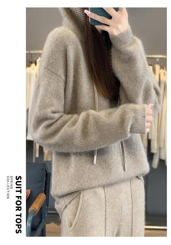 100% Reine Wolle Damen Locker Gestrickter Hoodie - Herbst/Winter 2025