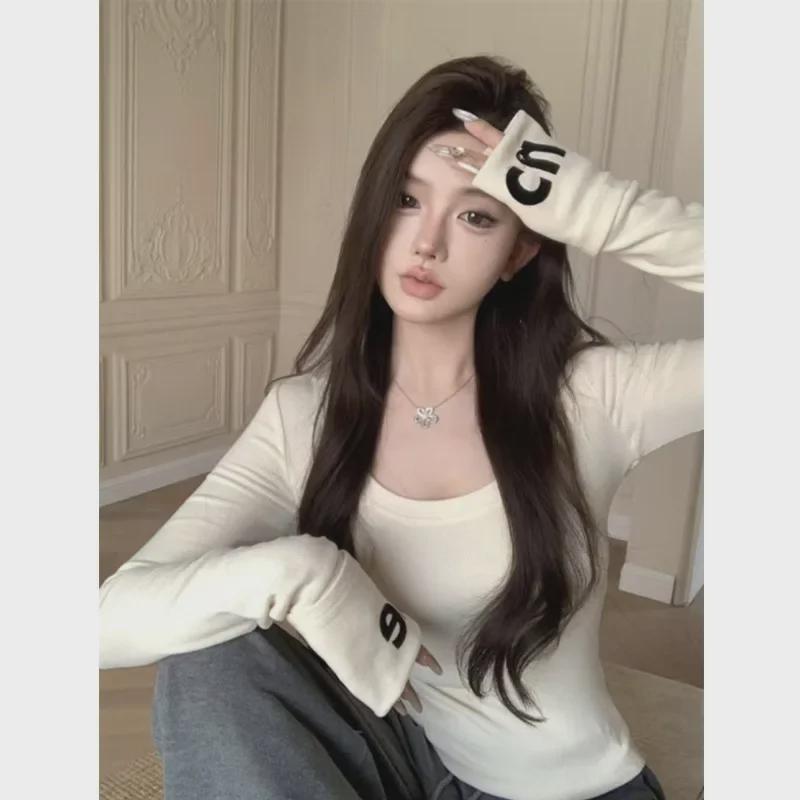 Women's Slim-Fit Velvet Shoulder T-Shirt - Autumn/Winter Long-Sleeve Chic Top