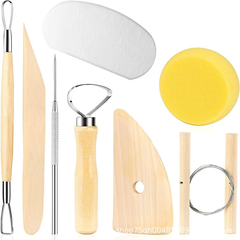 8-Piece Pottery Tool Set: Wooden Cutting Wire, Trimming, Carving & Sculpture Tools