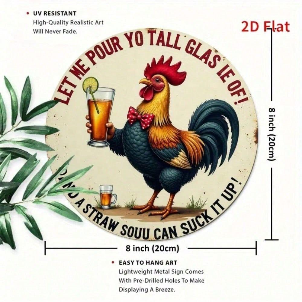 Metal Round Wall Art, Rooster with Beer and Lime, Whimsical Kitchen Decor, Steel Circle Plaque