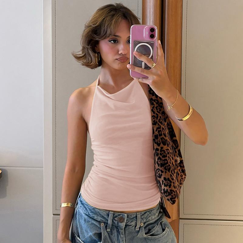 

Женский весенне-летний однотонный сексуальный топ с открытой спиной, сетчатый, с завязкой на шее, для женщин, рубашка L светло-розовый