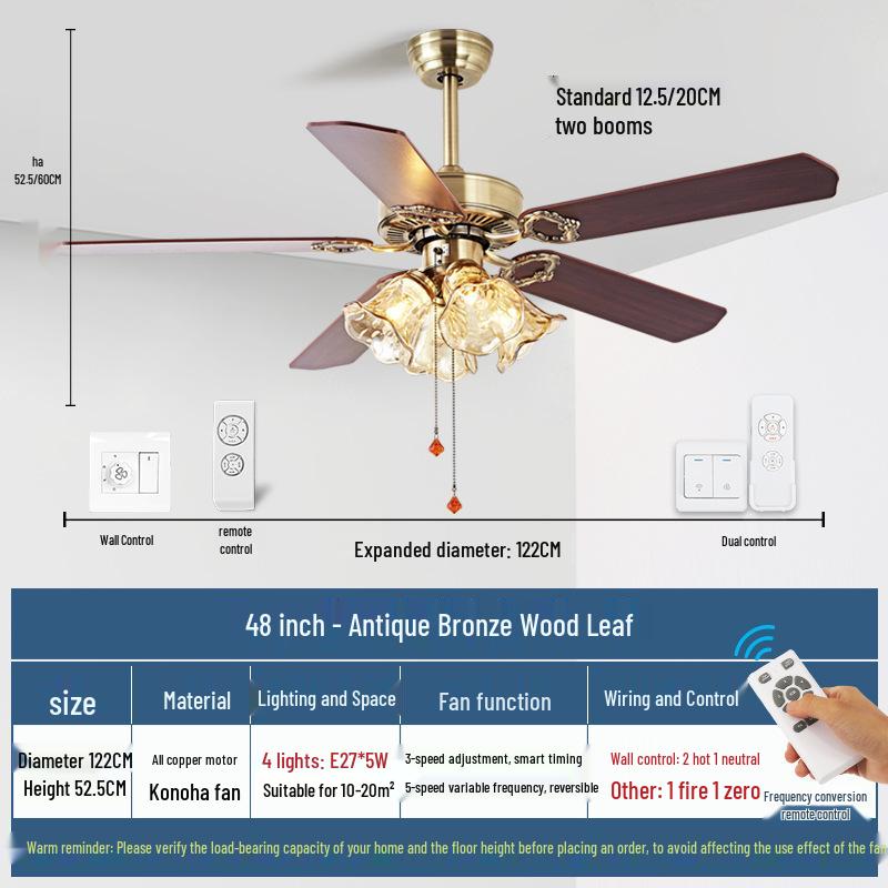 Mid-Century European Retro Ceiling Fan Light with Iron Blades - Variable Frequency High Airflow for Living Rooms or Restaurants.