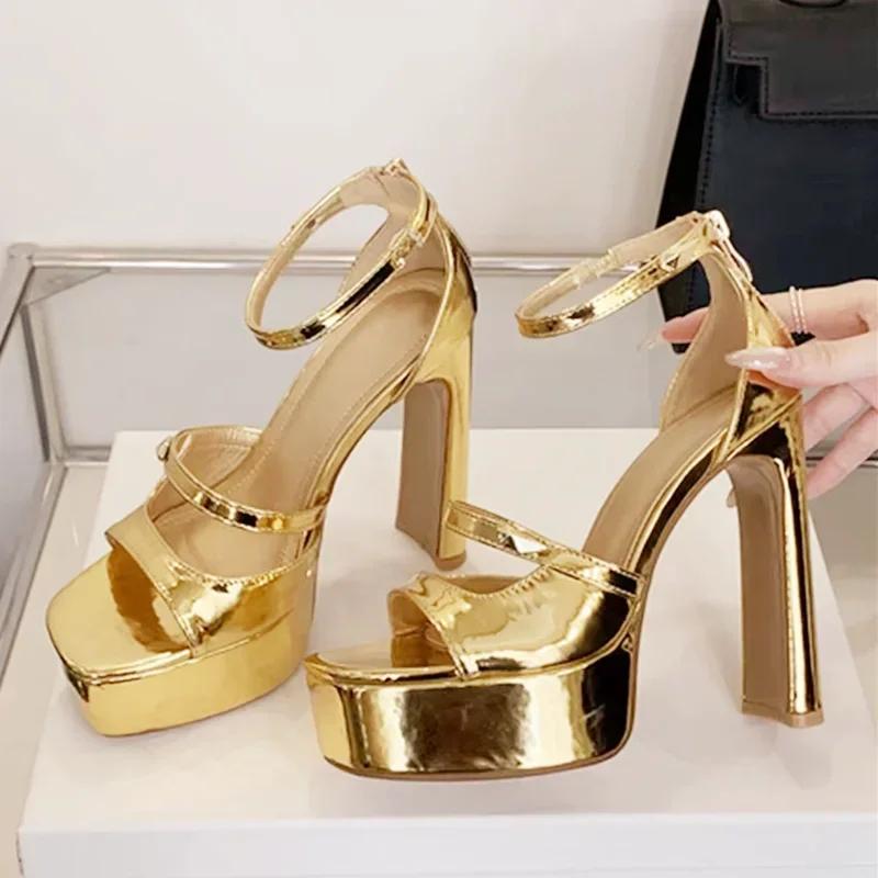 Fashion Luxury Patent Leather Platform Sandals Women 2025 Summer Zip Cover Strap Design Chunky High Heels Elegant Banquet Dress Shoes