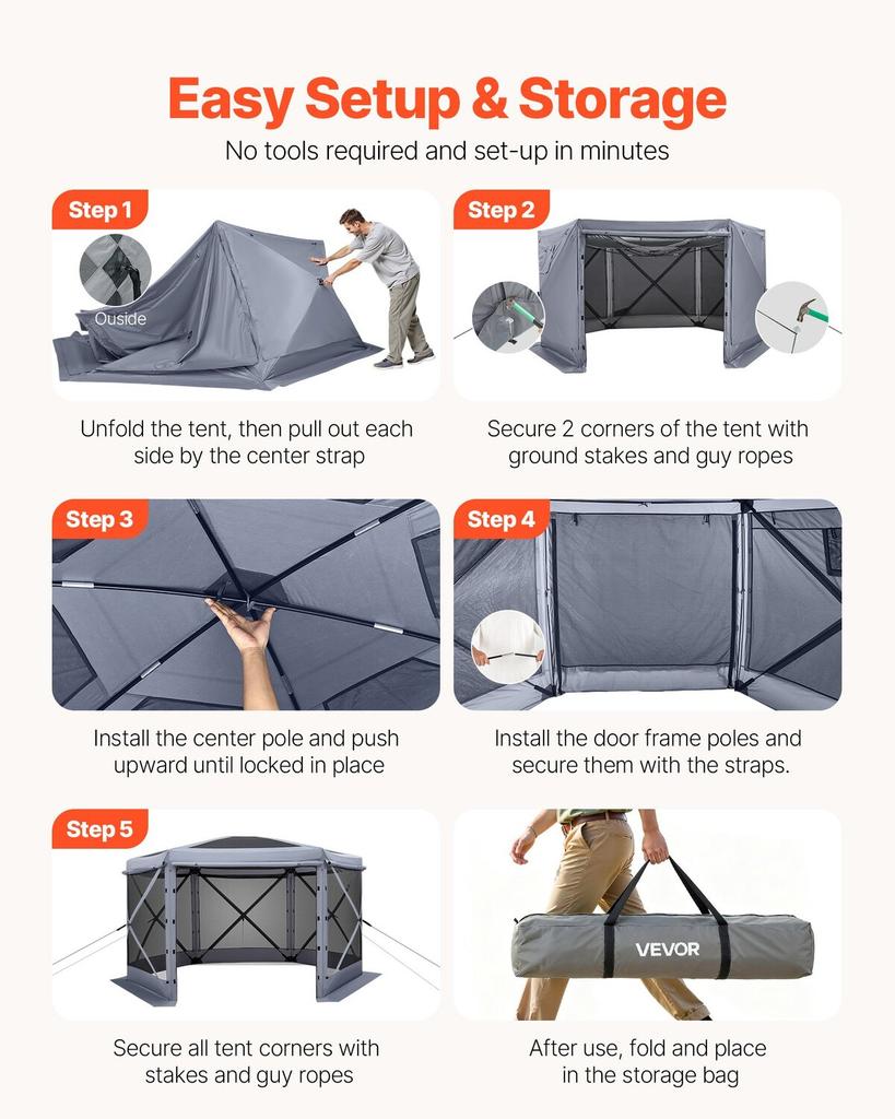 Pop Up Gazebo Screen Tent, 3.6 X 3.6 M Large 6-Sided Camping Canopy Tent with Removable Top & Carry Bag, Quick-Set & Bite-Proof, Screen House Sun