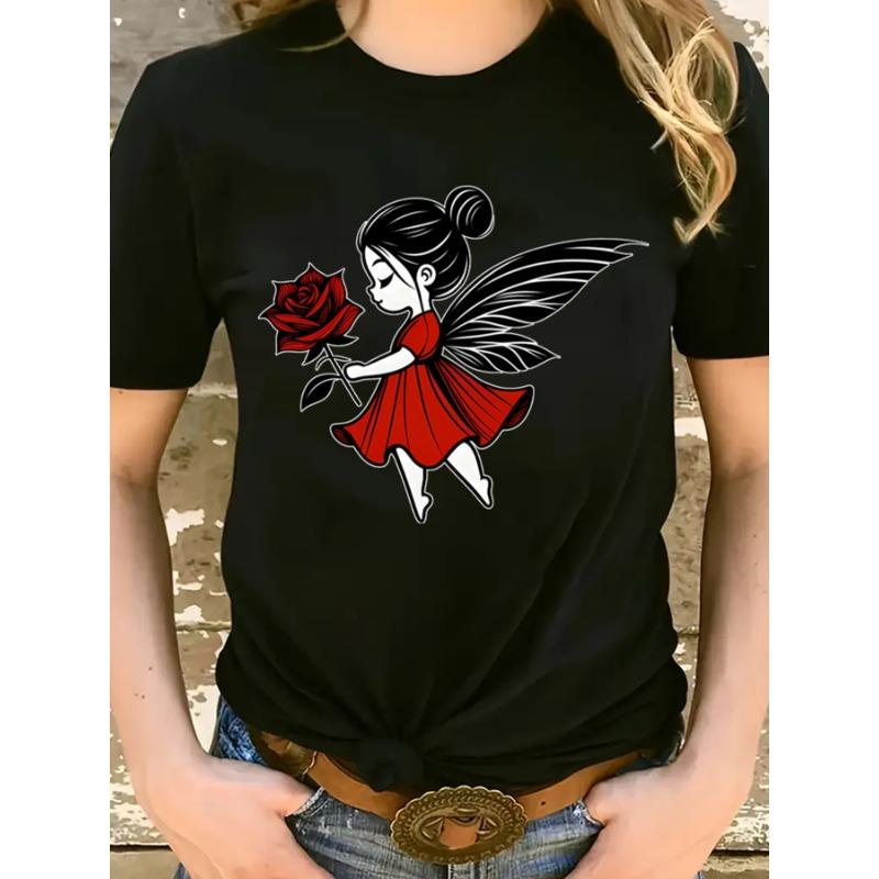 Rose Print, Fairy, Printed T-shirt, Casual Round-neck Short-sleeve Top, Suitable for Spring and Summer Wear, All-season, Women's Clothing