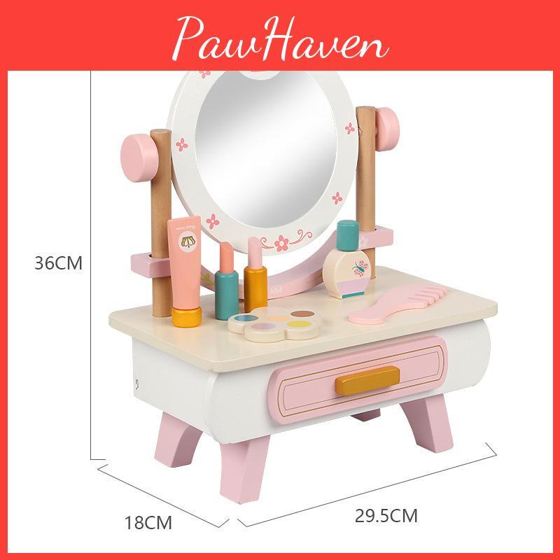 Wooden Pretend Cosmetics Table Interactive Elements Kid Play Developmental Skill