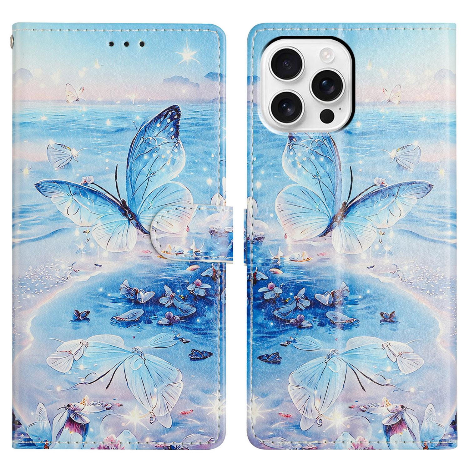 

For iPhone 16 Pro Max Wallet Phone Case PU Leather Flip Cover with Stand Card Holder Painted Design Ocean Butterfly