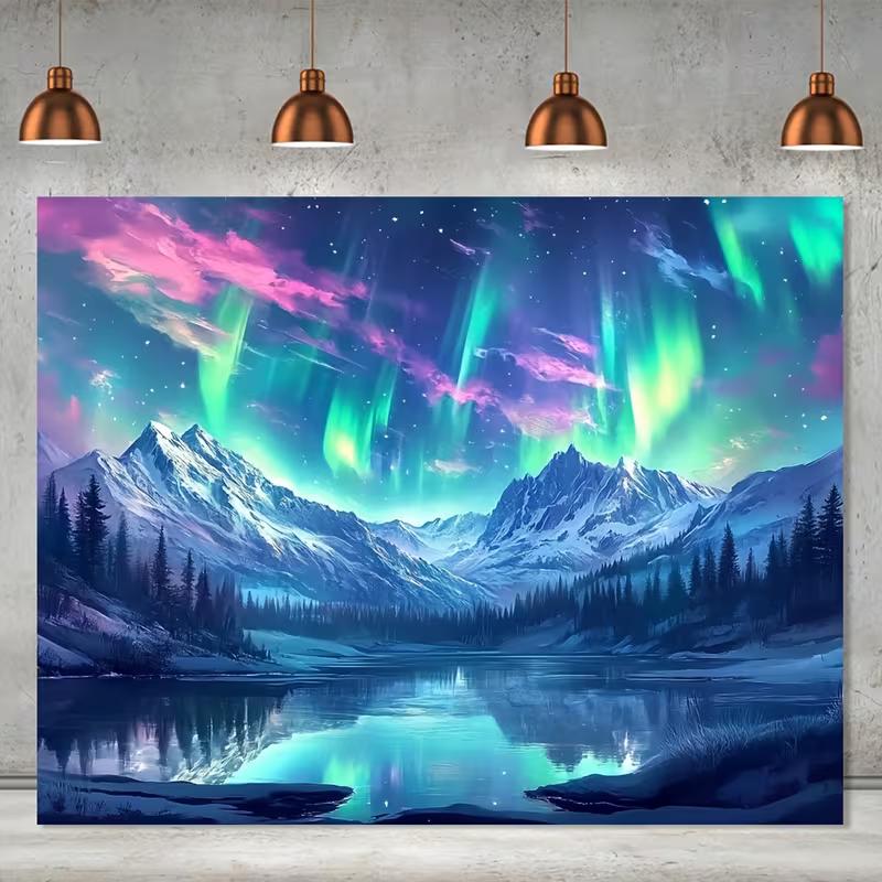 2D Arctic Aurora Starry Sky Lake Reflection Tapestry Night Scenery Home Decor Background Fabric 47.2x31.5inch/120*80cm