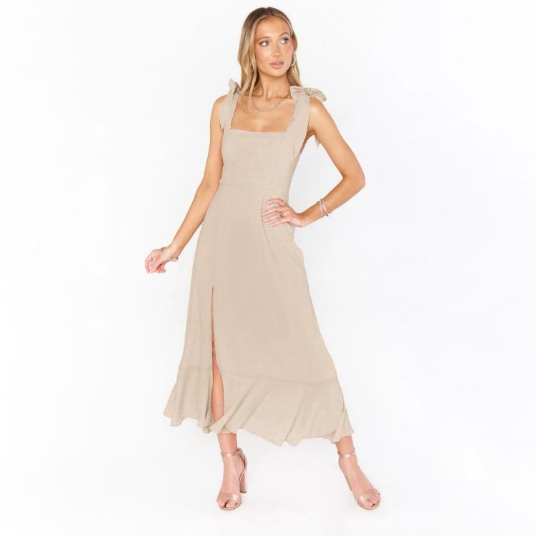 Women Summer Casual Sleeveless Spaghetti Strap A-Line Dress High Waist Long Split Solid Color Dresses