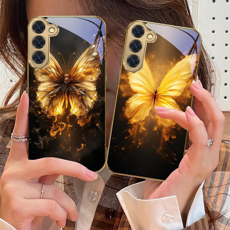 Flammen Warmes Schmetterling Für Samsung Galaxy S20 FE S21 S22 S23 Plus S24 Ultra 25Ultra S21+ S9+ S22Plus Goldene Glas Handyhülle