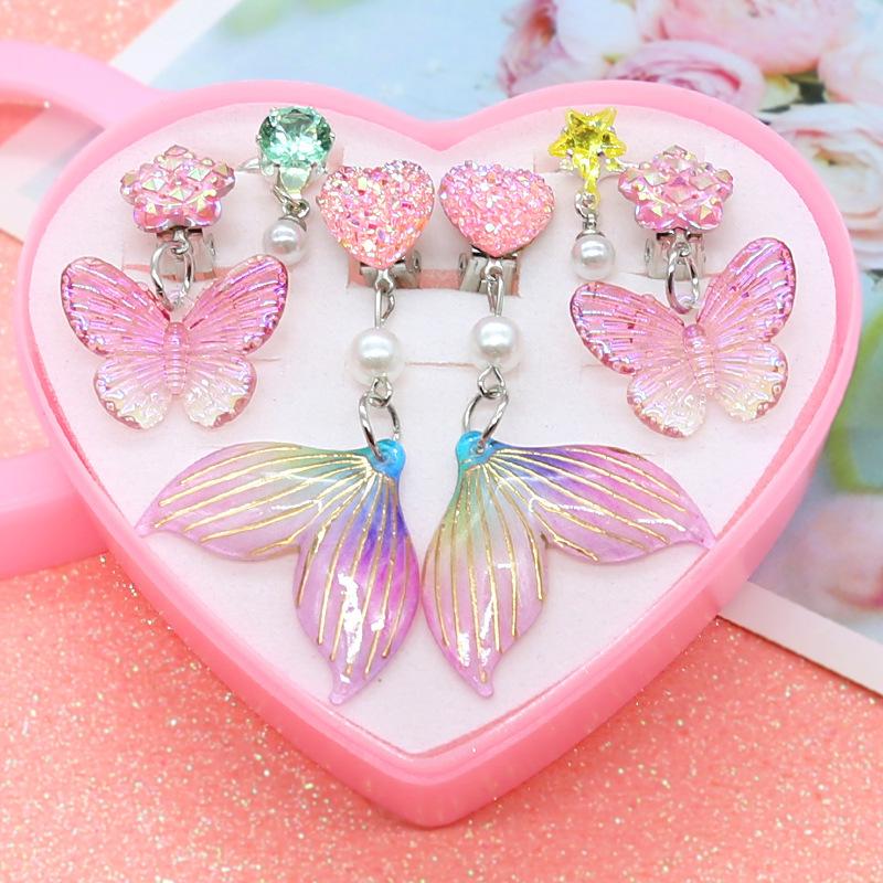 Children's Ear Clips Without Pierced Ears Girls' Earrings Summer Mermaid Series Ear Clips Ring Cute Set