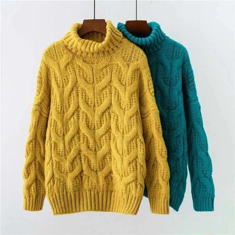 Turtleneck Sweater Thickened Loose Crochet Stripe Women Short Knit Pullover Warm  Pull Jumper Casual Commuting New Fashion Autumn Winter