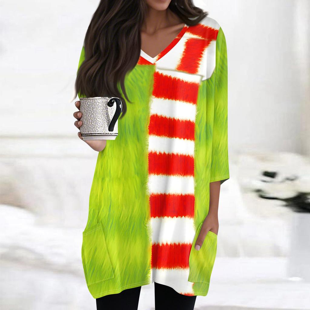 Womens Tops V-neck 3/4 Sleeve Blouses Casual Mid-length Shirts Fashion Christmas Print Tunic Tops With Pockets
