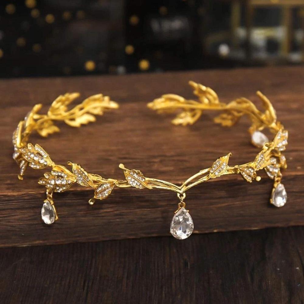 

Leaves Elf Tiara Rhinestone Tiara Bandana Vintage Style Fairy Crown Women белый/золотой