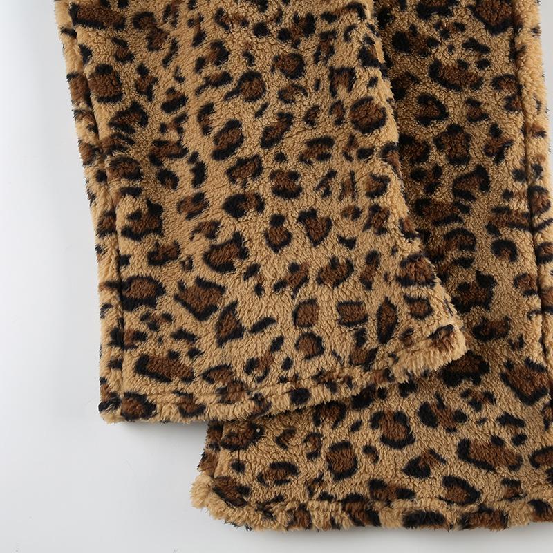 Women's Drawstring Tie Loose Personalised Leopard Print Plush Casual Elastic Low Waist Skinny Niche Straight Leg Pants