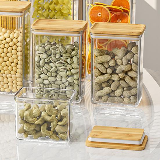 Sealed Grain Container Airtight Storage Container with Wooden Lid Transparent Food Canister for Dry Goods Snacks Tea Leaves Beans Kitchen Pantry