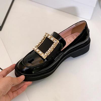 Mode célèbre cristal boucle carrée ballerines femmes cuir verni chaussures brogues oxford britanniques creepers chaussures derby femme mocassins