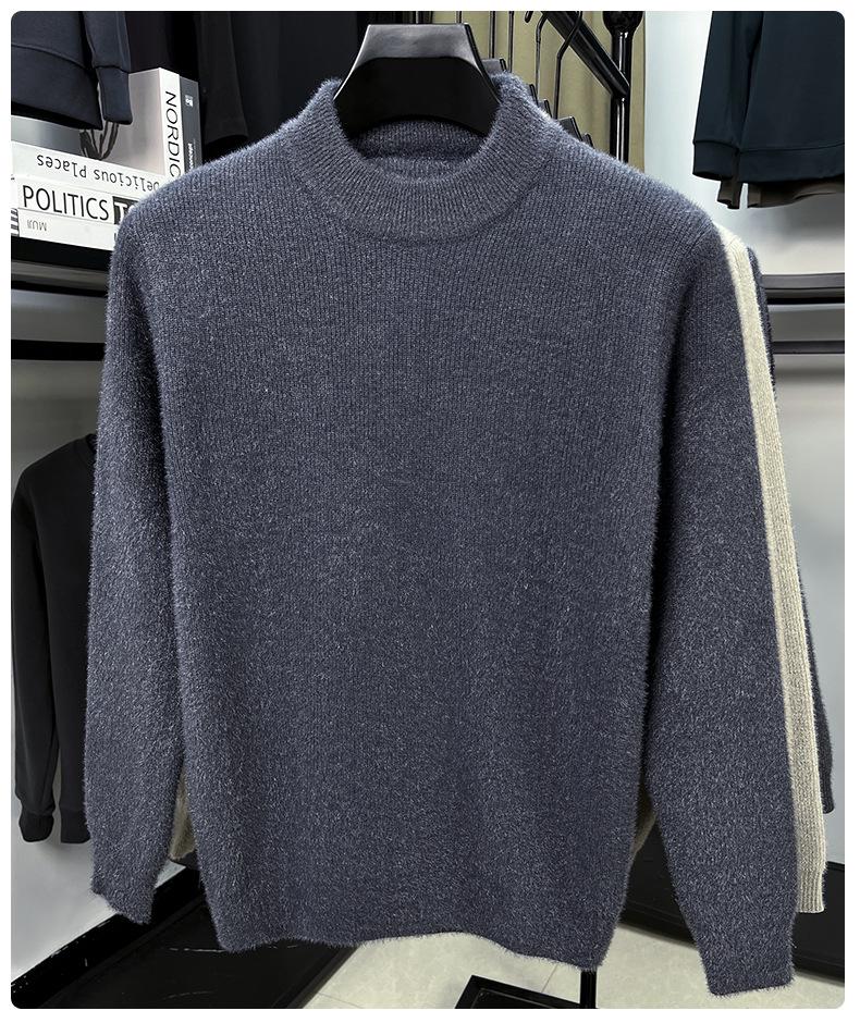 Men's High Neck Solid Color Thick Knit Sweater - Velvet Warm Base Layer for Autumn/Winter