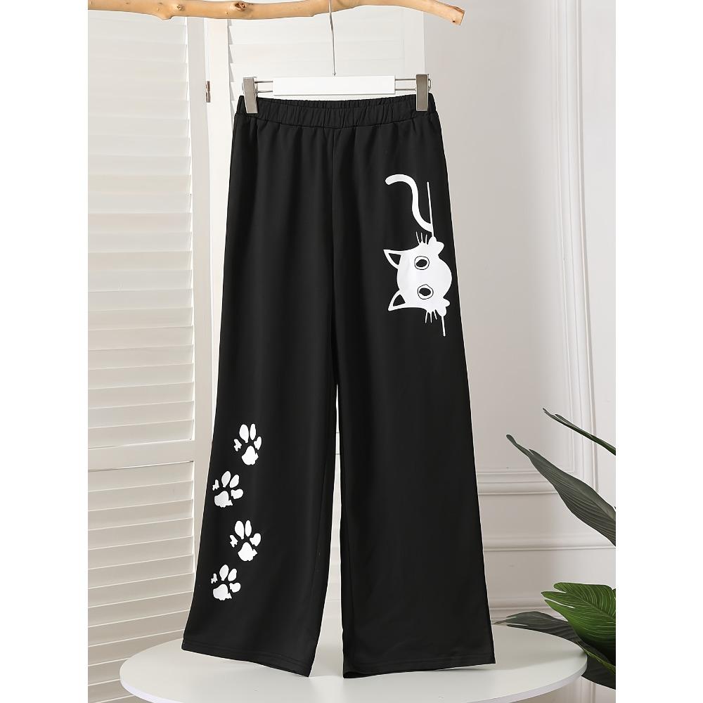 Fashionable Solid Color Cat Print Youth Pants with Loose and Wide Legs, Suitable for Spring