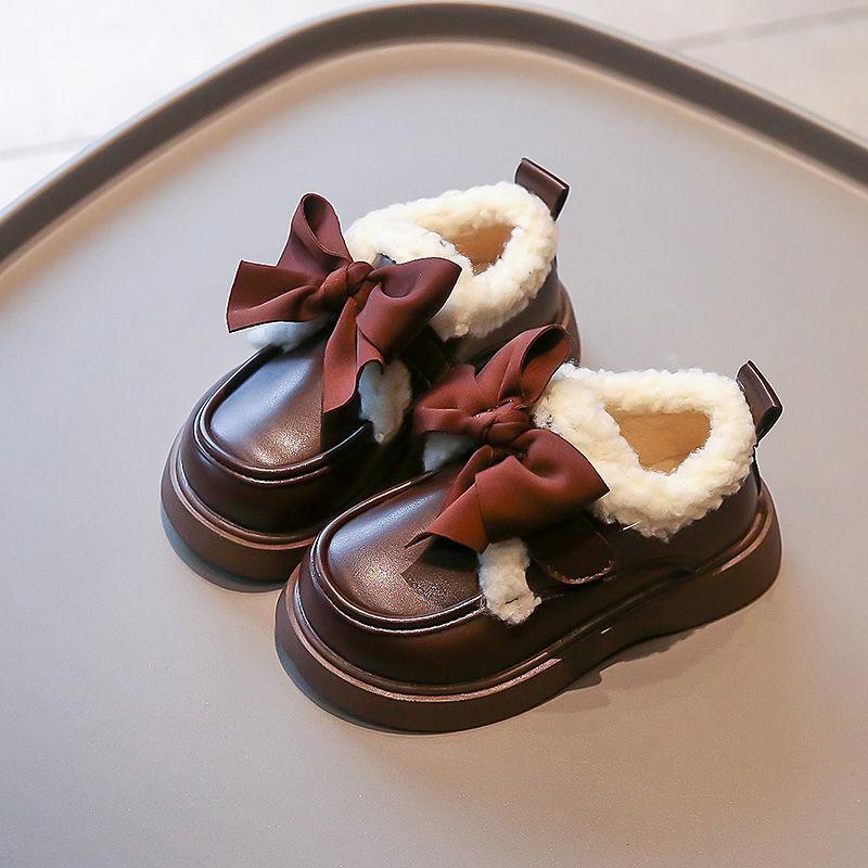 

Обувь для девочек, хлопковая обувь, новая детская обувь осень/зима 2025, утепленные флисом зимние ботинки, детская зимняя кожаная обувь 23 inner length 14.5cm коричневый