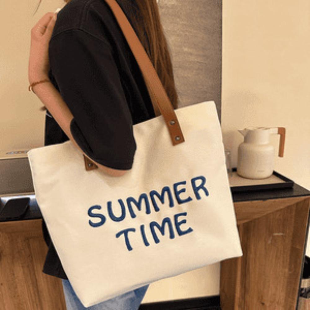 Embroidered letter canvas bag women's new large-capacity commuter tote bag versatile single shoulder student leisure class