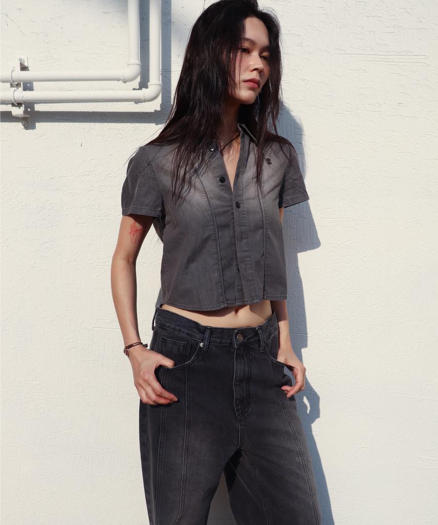 IUGAMAKARAS Washed Denim Half Shirt (Gray)