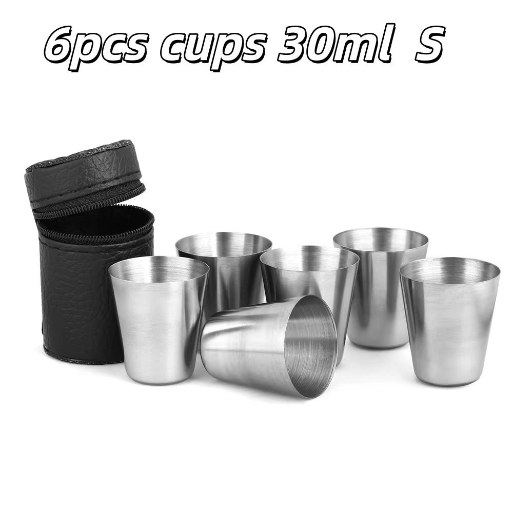 4/6pcs Portable Stainless Steel Cup Set With Leather Cover Bag For Outdoor Travel Party Camping Whiskey Cups Home Kitchen Bar
