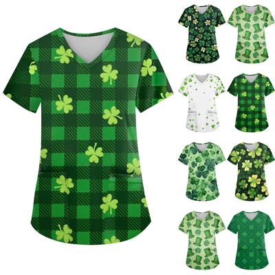 Damen V-Ausschnitt Saint Patrick's Day Print Kurzarm Tasche Seitenschlitz Top