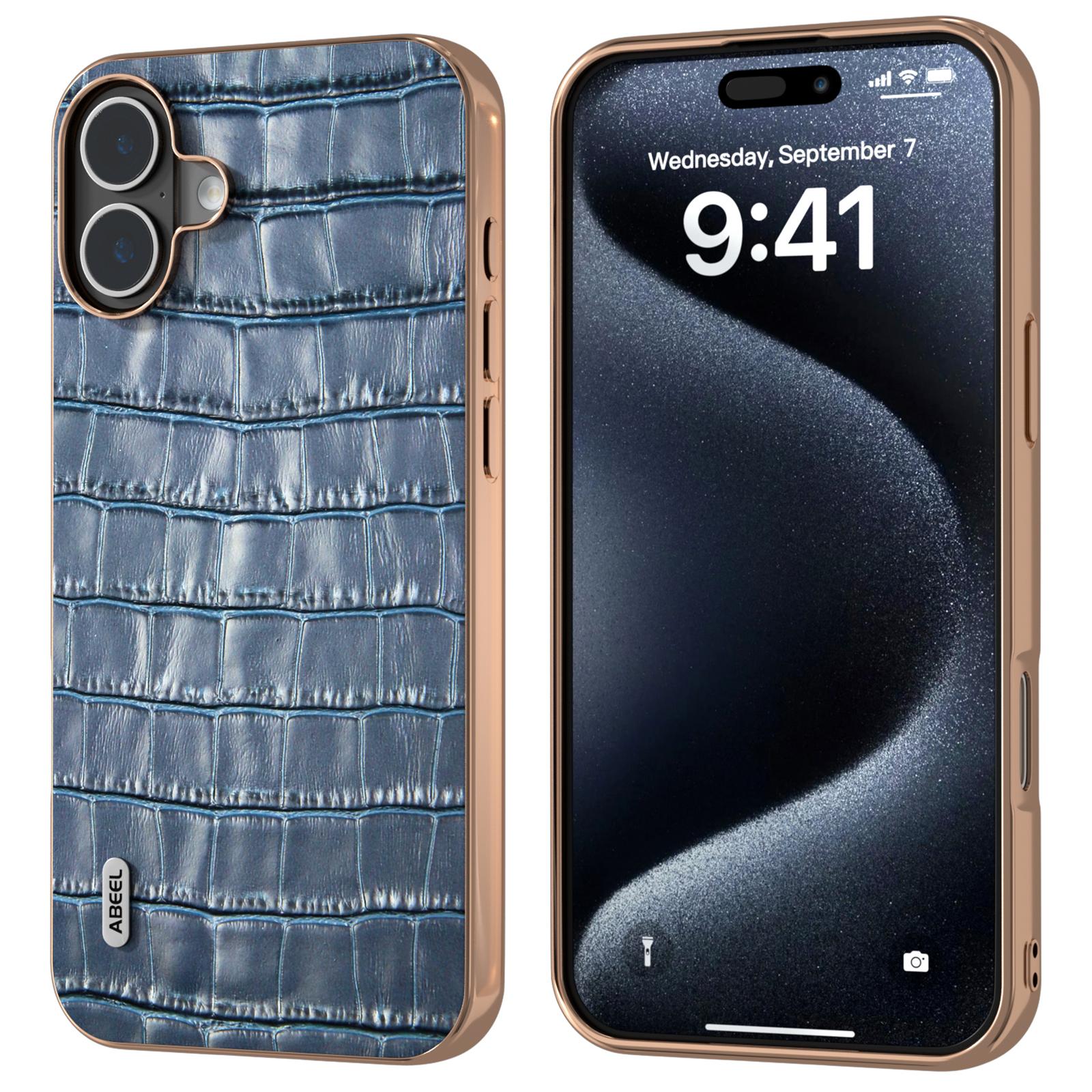 

ABEEL For iPhone 16 Plus Case Electroplating Phone Cover Crocodile Texture Genuine Cow Leather+TPU Protective Case D