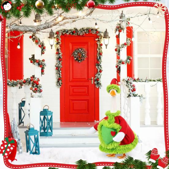 Świąteczny strój gęsi Kostium gęsi Świętego Mikołaja Świąteczny kapelusz i płaszcz z puszystą zieloną krawędzią na zimowe święta 23-calowa dekoracja statuetki gęsi ogrodowej