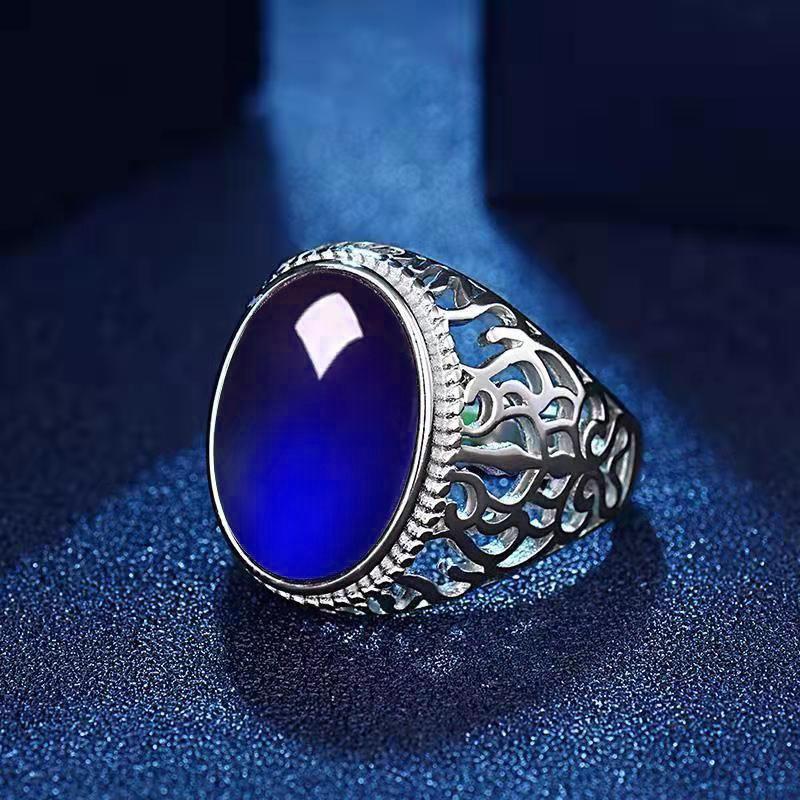 Ethnic Hollow Imitation Green Agate Men Adjustable Ring