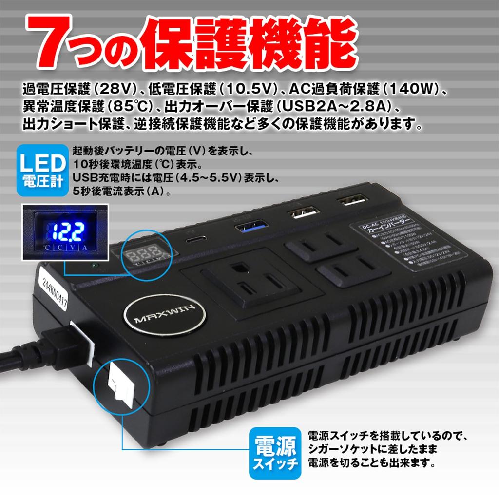 MAXWIN Car Inverter, DC AC Inverter, 3 Outlets, 100V 120W, QC3.0, USB, Cigarette Lighter Socket, Car Charger, PCA20A