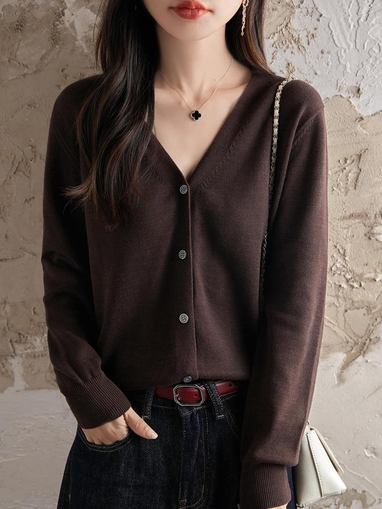 Damen 100% Baumwolle Strick V-Ausschnitt Strickjacke - Frühling/Herbst, Lockere Passform, Unifarbe, Atmungsaktiv, Hohe Dichte, Sonnenschutz Oberbekleidung.