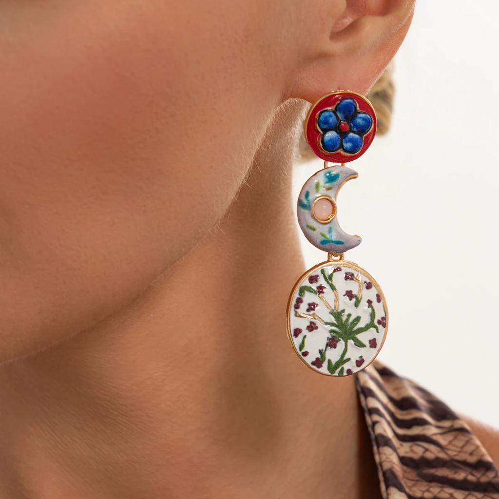 New Trendy Elegant Geometry Oil Dripping Pendant Earrings for Women Exquisite Flower Moon Drop Earrings Party Jewelry Gifts
