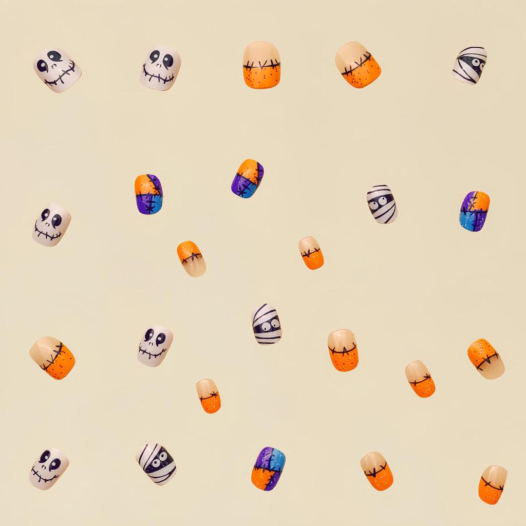 24 Pcs Halloween Press On Nails Short CEWEWP Square Cartoon Fake Nails Mummy Patch Press Ons Nail Tips Orange French Glue On Nails with Terror