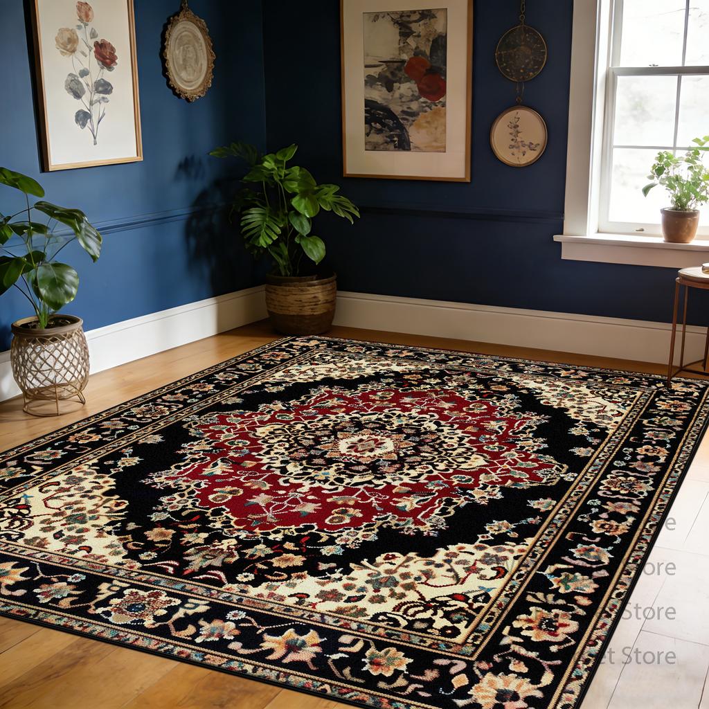 Retro Red Living Room Carpet Flower Pattern Decoration Large Area Soft Rug Bedroom Dining Room Washable Non-slip Mat Pile Fabric