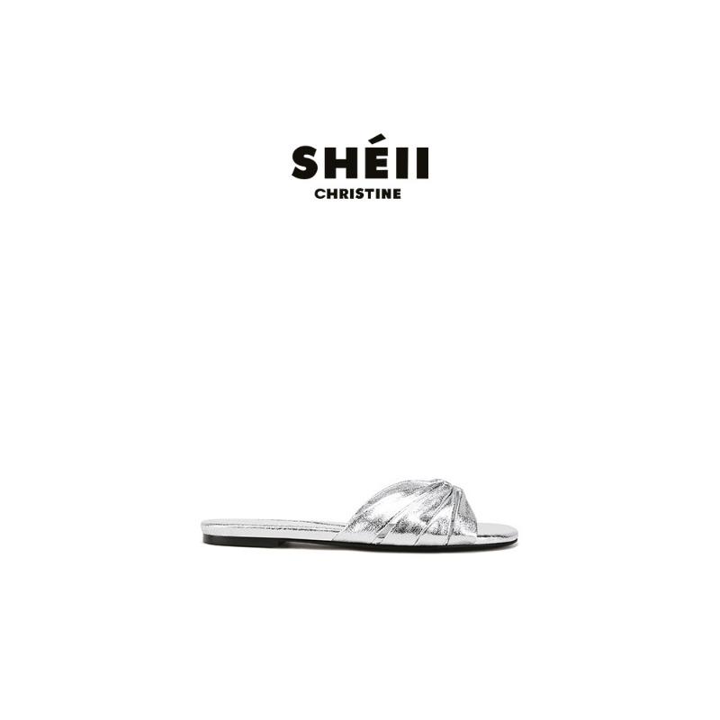 Leather version~ square-headed lambskin pleated flat-bottomed slippers women's cool slippers outer wear summer