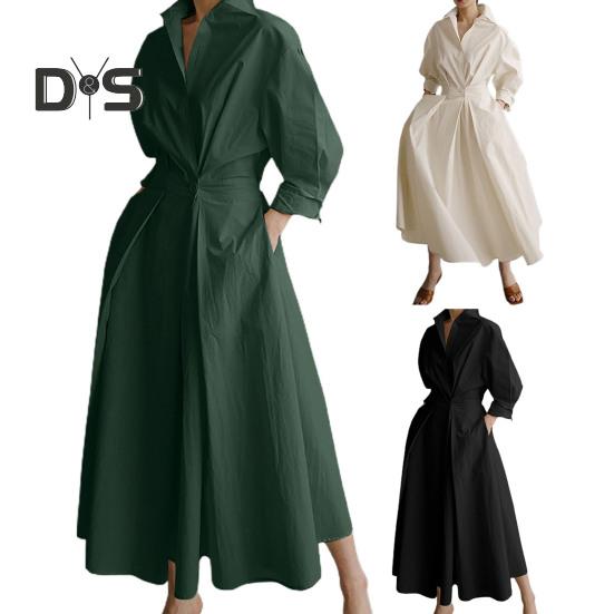 Women's Long Sleeve Button Down Shirt Dress Casual A-Line Midi Dress Loose Fit Lapel Collar Long Dress for Office Parties And Beach