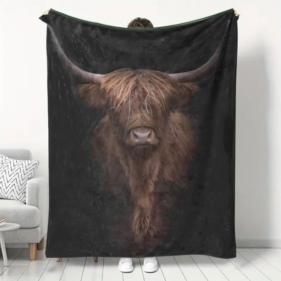 Cozy Highland Cow Print Flannel Blanket Heavyweight Soft & Warm All-Season Bedspread, Durable Scottish Cow Design for Size: 75*100cm, Weight: 230 GSM