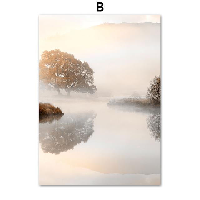 Beige Flor de Caña Bosque Lago de Montaña Arte de Pared Lienzo Pintura Pósters e Impresiones Nórdicos Cuadros de Pared para Decoración de Sala de Estar