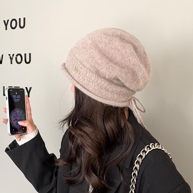 Pile Hats Women's Autumn and Winter Versatile Warm Hemming Knitted Cold Hats Big Head Circumference Showing Face Small Wool Hats